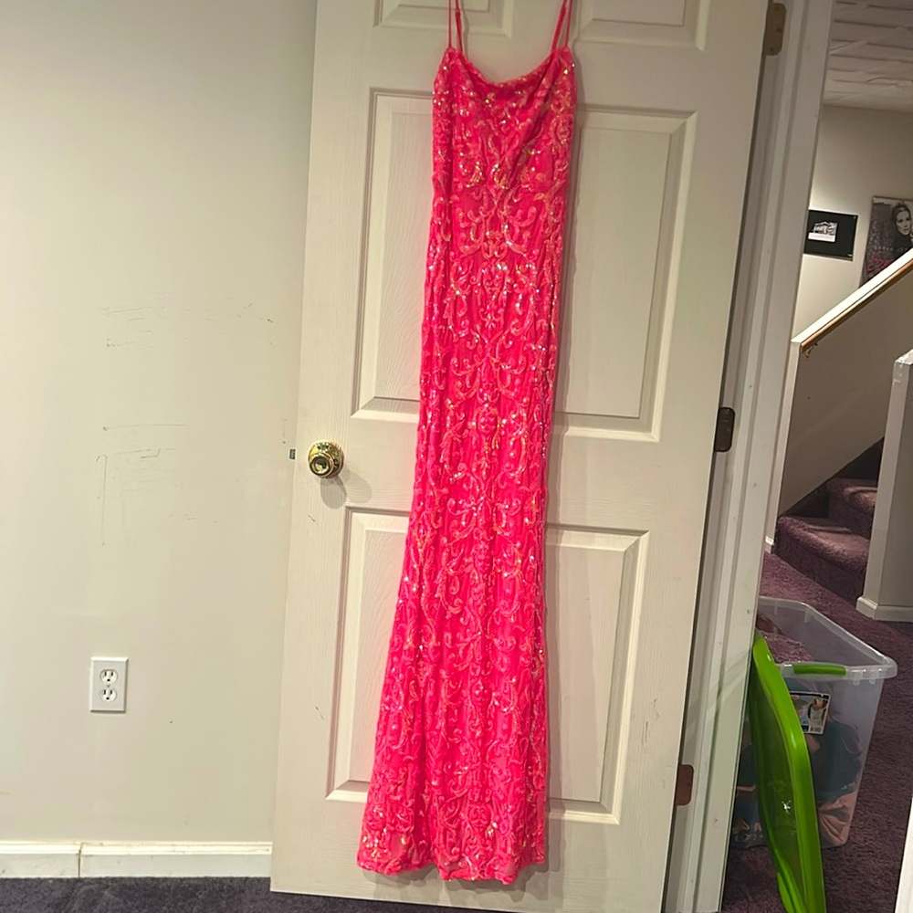 Pink floor length prom dress with sequins and straps